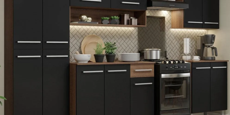 Armário de Cozinha Completa Modulada Compacta Madesa Emilly Balcão Rp Cor Rustic/Preto XAGREM2930017K