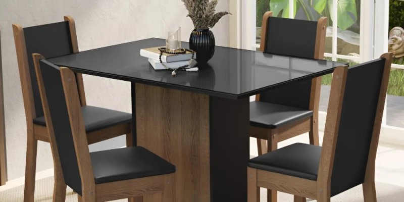 Conjunto Sala Jantar Mesa Tampo Vidro 4 Cadei Martina Madesa Cor Preto/Rustic Desenho do tecido das cadeiras Liso