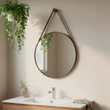 Espelho Redondo com Alça de Couro 60cm – Minimalista e Sofisticado