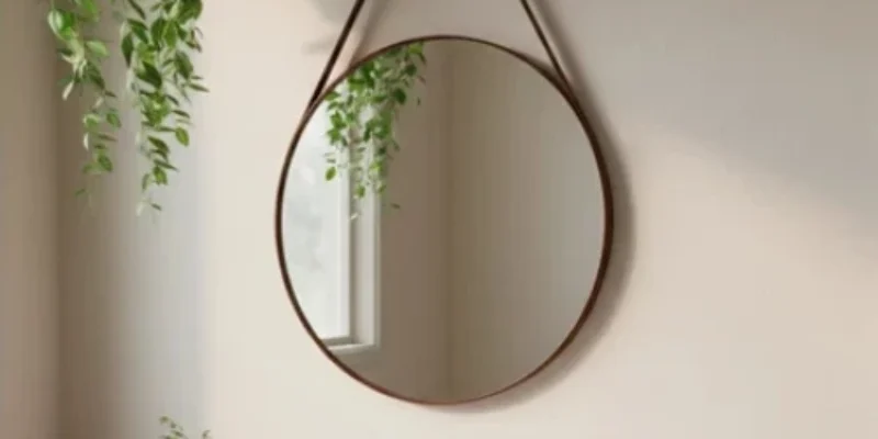 Espelho Redondo com Alça de Couro 60cm – Minimalista e Sofisticado